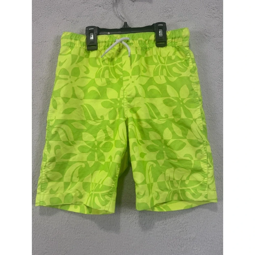 Lands' End Swim Trunks Boys L 10-12 Neon Green Tropical Floral Mesh Lined UPF 50